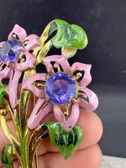 Vintage Pot Metal Gold Tone Brooch Purple Enamel Flower Rhinestone