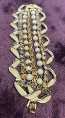 ART Deco Vintage Rhinestone Multi Strand Stack Bracelet Gold White Bead Enamel