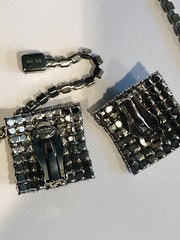 Vtg WEISS Sparkling Clear Rhinestones Square Shape Earrings & Necklace 15” Set
