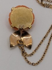 Krementz Carved Coral Rose Flower With Gold Tone Leaves Pendant On 17.75″ Chain.
