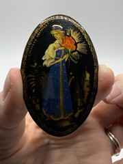Russian Black Lacquer Hand-Painted Brooch: Signed Folk Art Pin