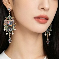 Vintage European Painted Bird Floral Enamel Drop Earrings Pearl Gold Victorian