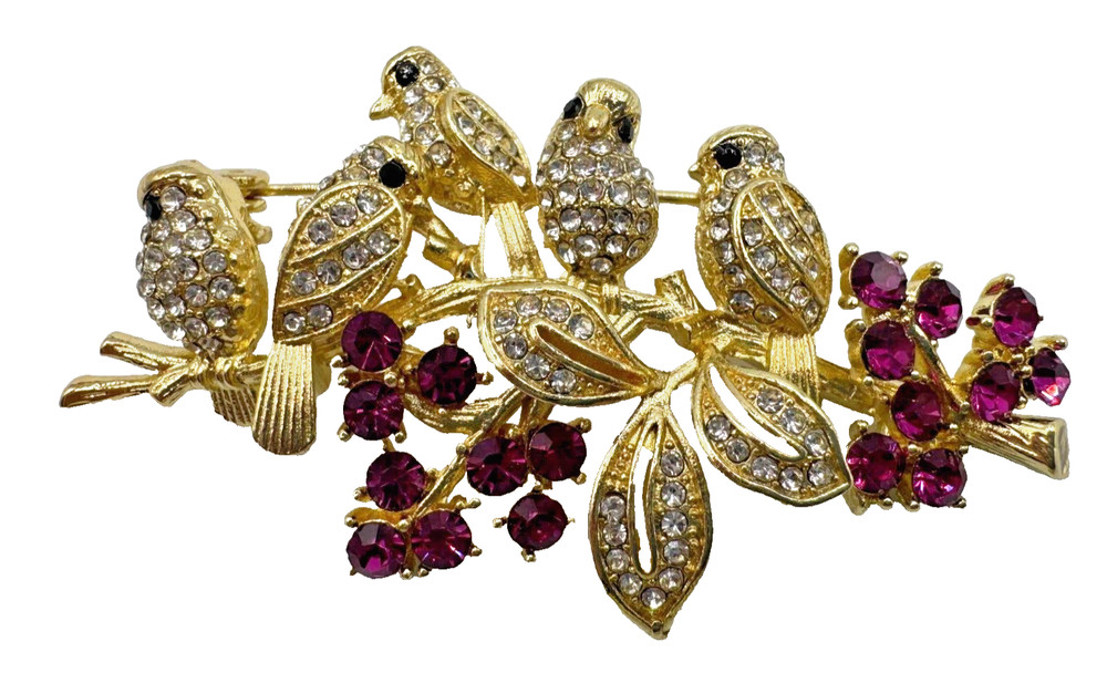 X2-2364 BROOCH GOLD TONE PIN2.1″ RHINESTONE BIRDS ANIMAL PURPLE FLORAL