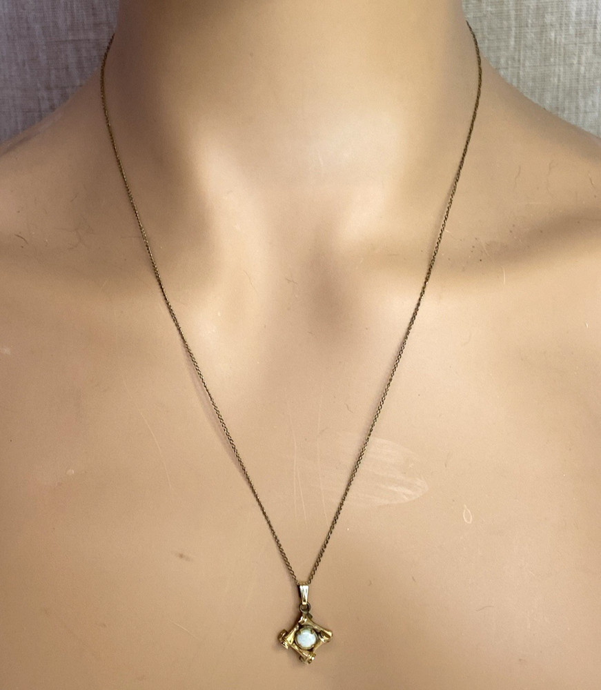 VINTAGE 12K GF Opal Pendant Necklace Bamboo Frame Gold Filled 22in Chain