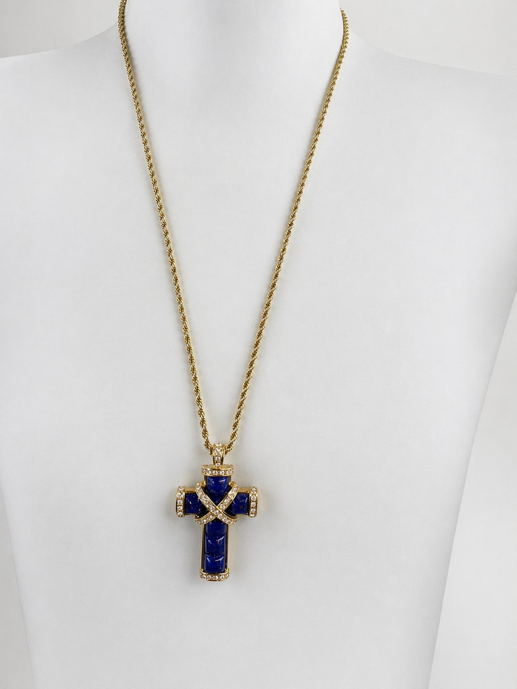 Vintage Necklace Nolan Miller Blue Cross Pendant Simulated Lapis 26 in