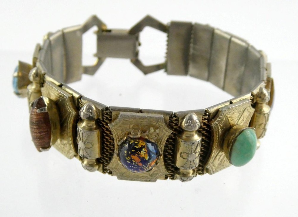 Vintage Heavy Goldtone Metal Art Glass Cabochon Panel Bracelet 7 Inches Unsigned