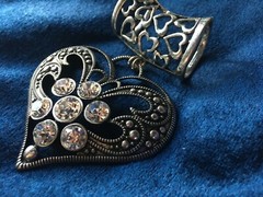 Vintage Slide Open Work Silver Tone Rhinestone Heart Charm Scarf Pendant 3.5″