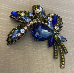 Vintage Blue AB Rhinestone Brooch Oversized Corsage Bouquet Black Metal unsigned