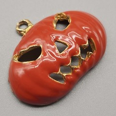 Vtg Halloween Orange Pumpkin Pendant Creepy Charm Gold Tone PHISTER 90s Signed