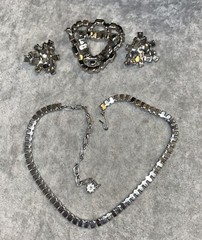 Vtg Gorgeous B. David Rhinestone Necklace Brooch & Screw Back Earrings