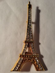 Rhinestone Eiffel Tower Pin with Goldtone Metal Settings about 3.5 inches long