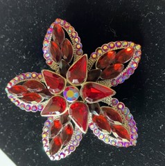 Red Rhinestone Flower Brooch 2 Inches