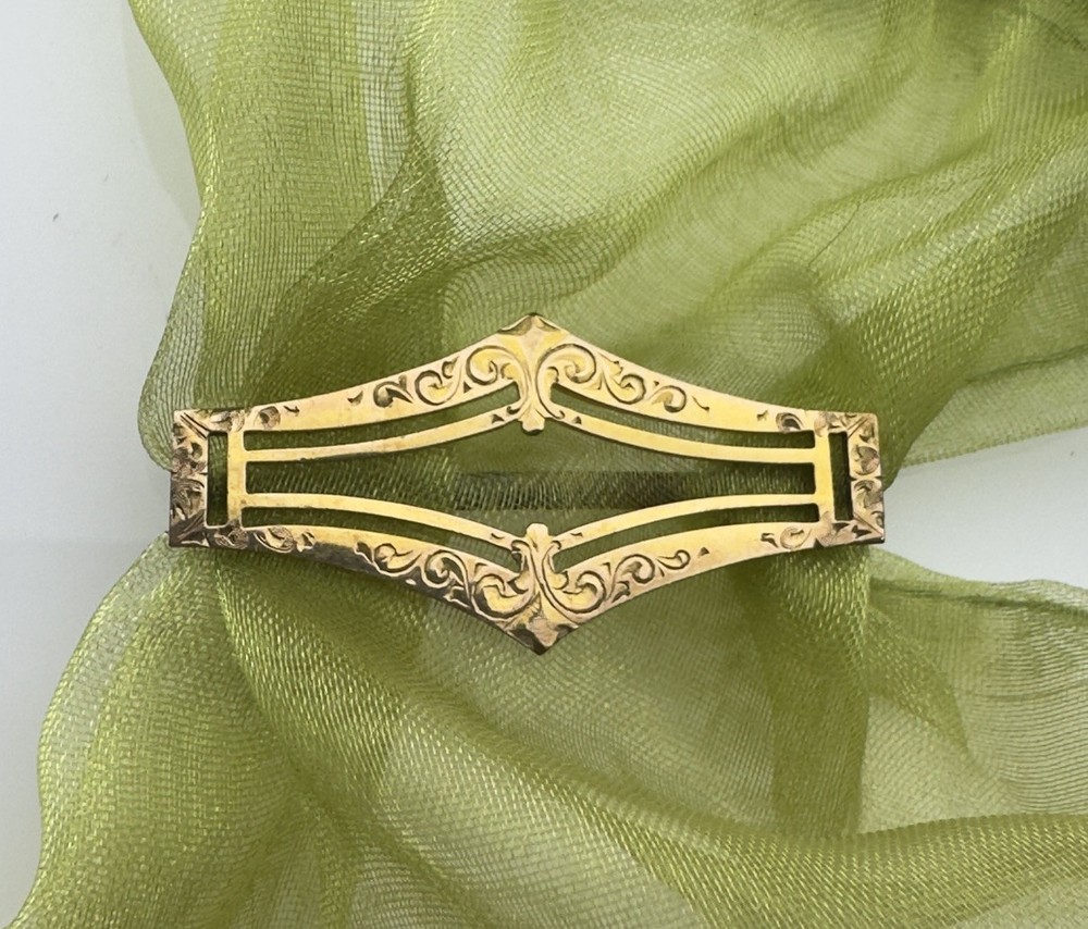 Antique Victorian Gold Gilt Brass Buckle Sash Scarf Pin Ornate Etched Gold