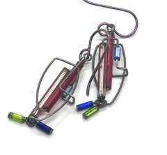 Vintage Barbie Levy Art Glass Earrings Dangling Blue Purple Red Abstract