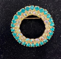 Vintage Double Circle Pin AB Crystals Clear Aqua Color Gold Plated Vtg Clasp
