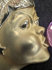 Vintage AJC American Jewelry Bubble Gum Girl Brooch Gold Tone Pink Bubble Signed