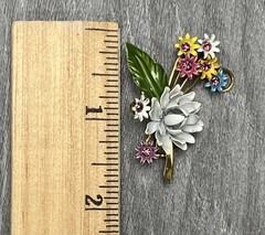 Vintage Enamel Flower Bouquet Brooch Pin White Green Pink Yellow Blue