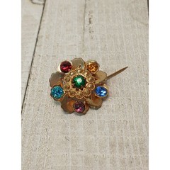 Vintage Gold Tone Multi Color Rhinestone Flower Brooch Pin 1950s -1970s MCM 1″