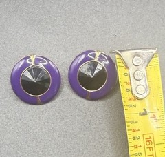 Vintage Round Stud Earrings Purple Enamel Gold Tone Black Faceted Stone Pierced