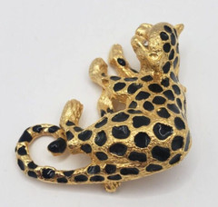 Leopard Cheetah Cat Pin Arched Back Black Enamel Rhinestone Eyes