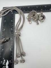 Vintage Mesh Necklace Earring Set Tassel Silver Tone Knot Lariat Clip On