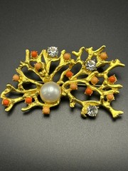 Vintage Signed CRAFFT Cultured Pearl Coral Branch Brooch/Pendant Gold Tone