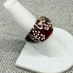Vintage Ring Burgundy Domed Lucite Painted Flowers Boho Size 7.75