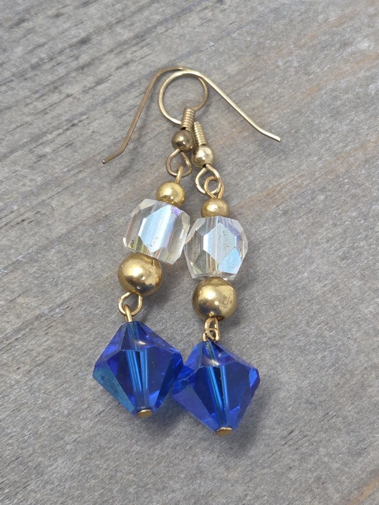 Blue & Clear AB Crystal Dangle Drop Earrings Gold Tone Accents Vintage 2 Inches