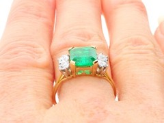 Antique 2.21Ct Emerald and 0.60Ct Diamond, 18k Yellow Gold Ring Circa 1935