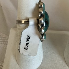 Dark Green Turquoise Bezel Set Cluster Setting Size 7.5 Ring 1.25” wide Sterling