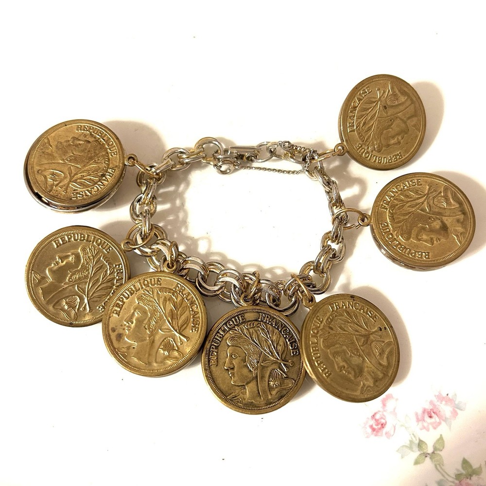 Vintage Mixed Charm Bracelet French Coin Medallions Buttons Assembled Media