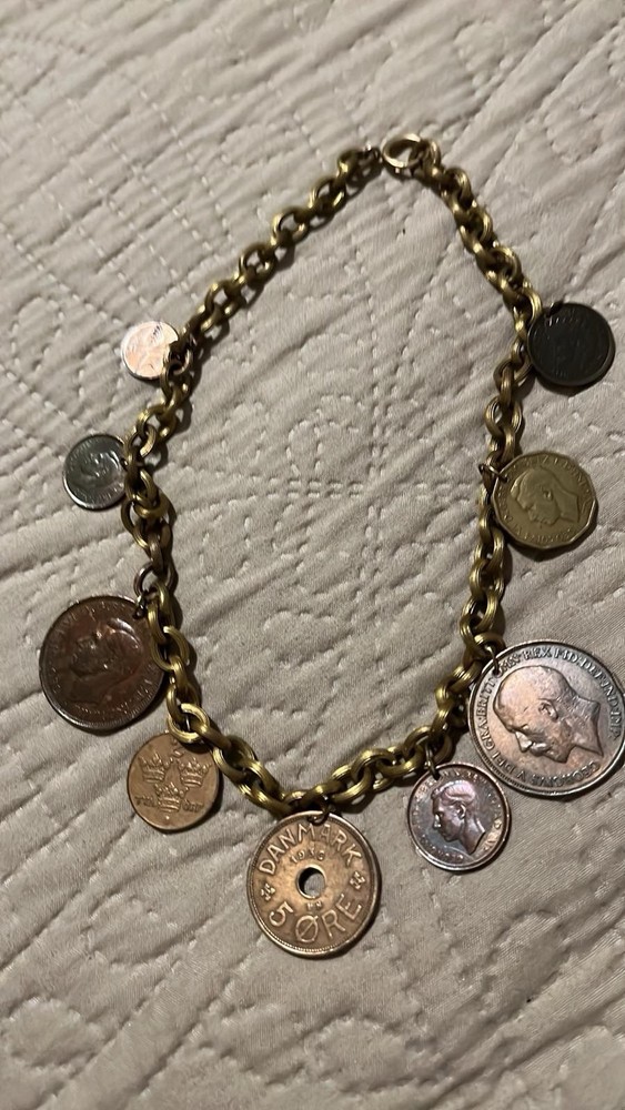 Handmade Bracelet , Vintage Foreign Coins Attached To A Gold Toned Metal Chain