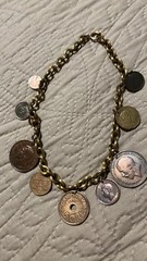 Handmade Bracelet , Vintage Foreign Coins Attached To A Gold Toned Metal Chain