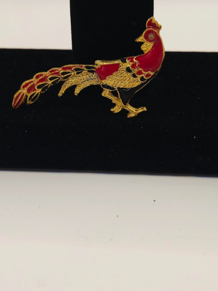 Vintage gold Tone Red Enamel Cloisonne Bird Brooch