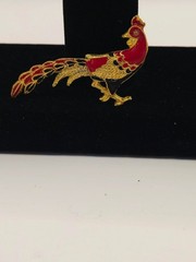 Vintage gold Tone Red Enamel Cloisonne Bird Brooch