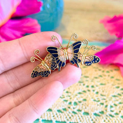 Vintage Butterfly Brooch Gold Tone Blue Enamel Style Acrylic Pin Cloisonne Style
