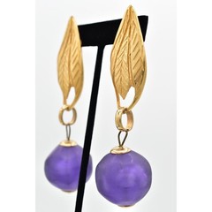 Vintage Chunky Leaf Clip On Earrings Brushed Gold Frosted Purple 80s 1980s BinBK