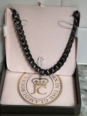 JUICY COUTURE Black Tone Chain Pave Heart & J Pendant Necklace NIB VINTAGE Y2K