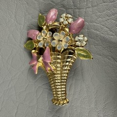 Vintage Pink Rhinestone Enamel Flower Basket Brooch Green Floral Pin