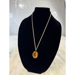 Vintage Tigers Eye Oval Pendant Necklace Gold Tone Chain Boho Statement 24 Inch
