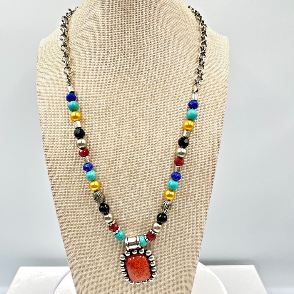 VTG Retro Multi-Color Beads Faux Stone Necklace Silver Tone Orange Resin Pendant