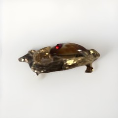 Gold Tone Owl on Branch Brooch Brown Cabochon Glass Body Red Eyes EMMONS