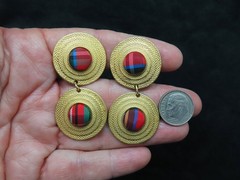 Vintage 1980s Gold Tone Dangle Clip Earrings w/Plaid Inset