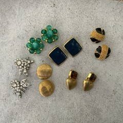 Vintage Clip On Earring Lot Monet Gold Tone Rhinestone Enamel Pairs