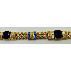 Vintage Gold Tone Blue and Clear Crystal Link Bracelet with Extender 7.25-8.5 In