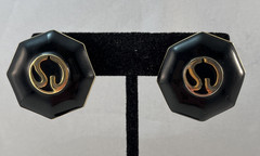 Vintage ST JOHN Logo Gold Tone Black Octagon Clip On Earrings 1″