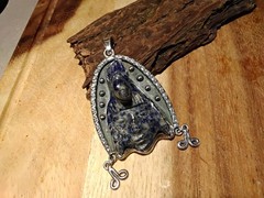 Spectacular Large Heavy Vintage .980 Silver & Handcarved Lapis Mayan Pendant ☆☆☆