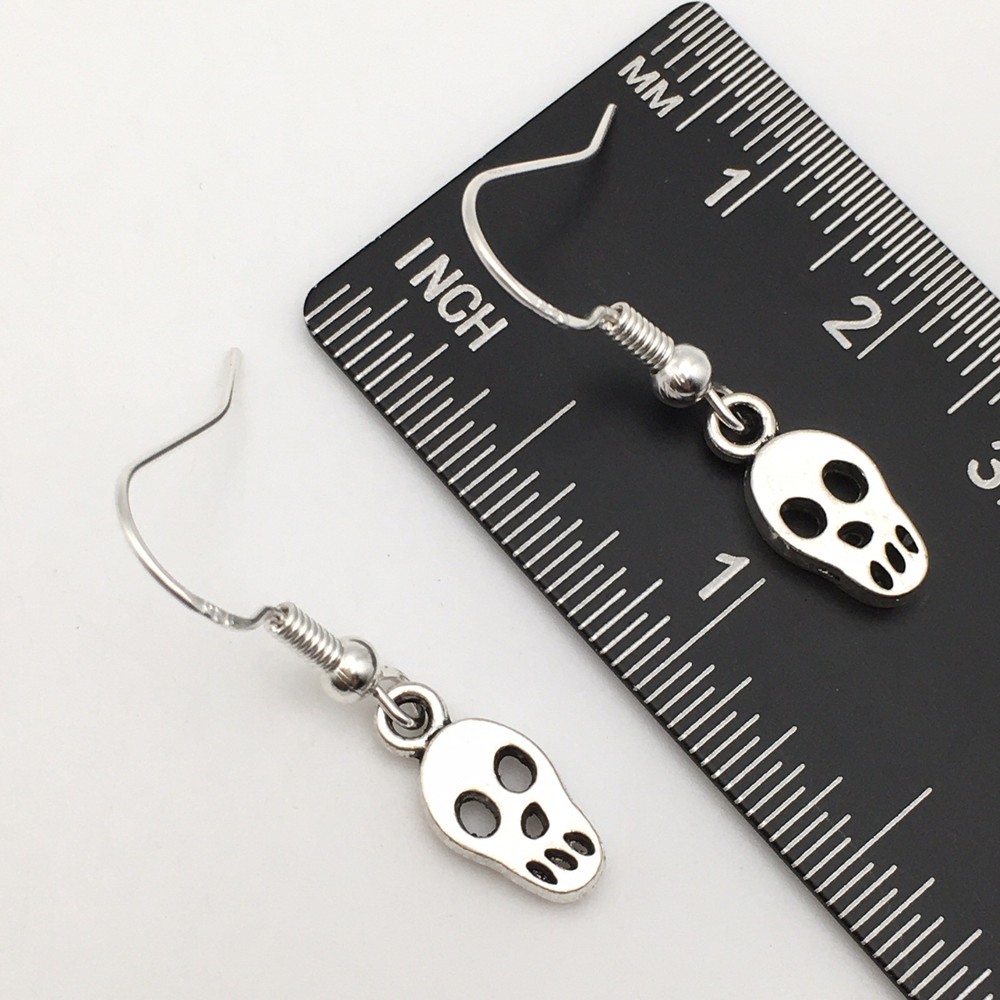Silver Tone Costume Dainty Skull Hook Dangle Earrings #24