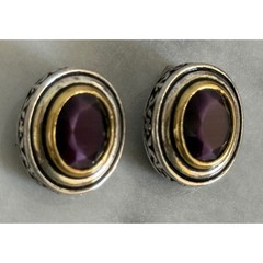 Vintage Mixed Metal Purple Stone Oval Clip On Earrings Silver Gold Tone Scroll