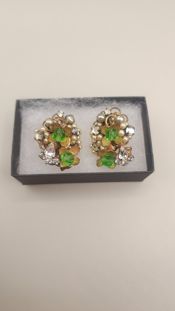 1950s Original by Robert Signed Clip On Earrings Floral Green Crystal Cluster